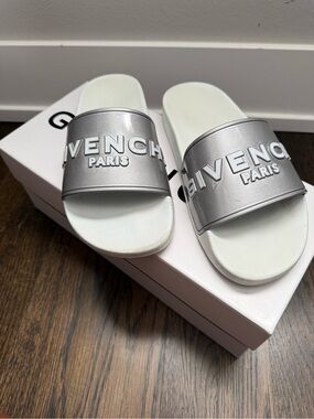 Givenchy Silver Logo Slide Sandals